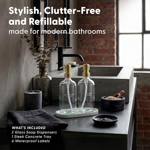 MaisoNovo Bathroom Soap Dispenser Set- Soap and Lotion Dispenser Set with Clear Soap Dispenser, Gold Pumps & Concrete Tray - color: Clear Bottles/ Golden Pumps/ White Concrete Tray