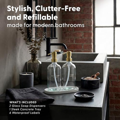 MaisoNovo Bathroom Soap Dispenser Set- Soap and Lotion Dispenser Set with Clear Soap Dispenser, Gold Pumps & Concrete Tray - color: Clear Bottles/ Golden Pumps/ White Concrete Tray