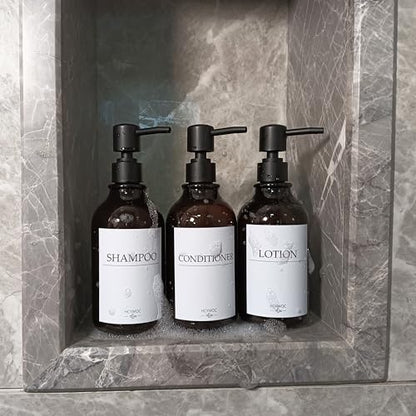 Shampoo Dispenser for Shower Wall, Shampoo and Conditioner Dispenser with 16 Waterproof Labels, No Drill Shower Soap Dispenser Bathroom, Shower Soap Dispenser Wall Mounted,17oz, 3 Pack, Amber - color: 1-amber Bottle + Black Pump