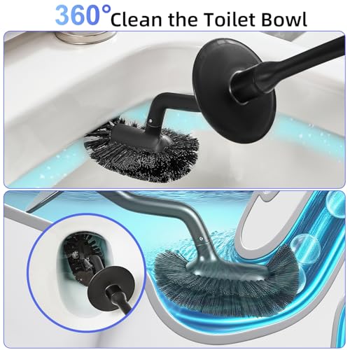 Toilet Brush & Pumice Stone Brush Combo, 2-in-1 Toilet Bowl Brush with Curved Deep Cleaning Brush and Extended Handle, Dual-Slot Holder Set, Compact Size Toilet Cleaner Brush Organizer (Dark Black) - color: Dark Black