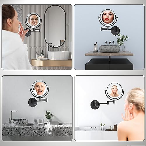 Rechargeable Bathroom Makeup Mirror with Light Wall Mounted, Brass 1/5X 2 Sided Magnifying Mirror with Extension Swing Arm, Touch Dimmable 360 Rotation Foldable Led Vanity Mirror, Matte Black - color: Matt Black