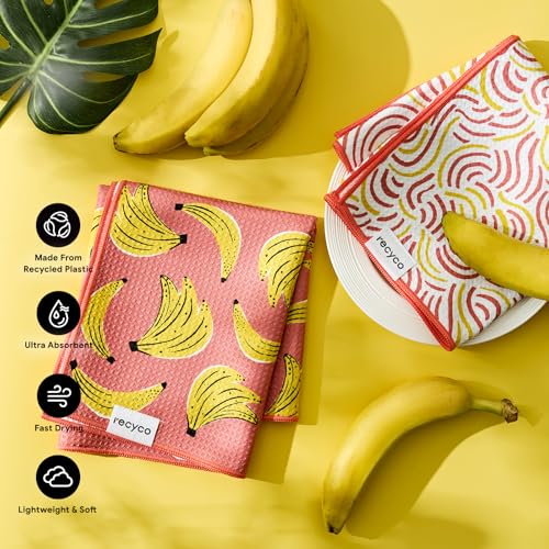 RECYCO Waffle Kitchen Towel Set of 2 - Quick Dry Microfiber Sustainable Dish Towels - Ultra Absorbent Reusable Cleaning Tea Towels - Lightweight Hand Towels,16”x 28”, Banana Joy - color: Banana Joy
