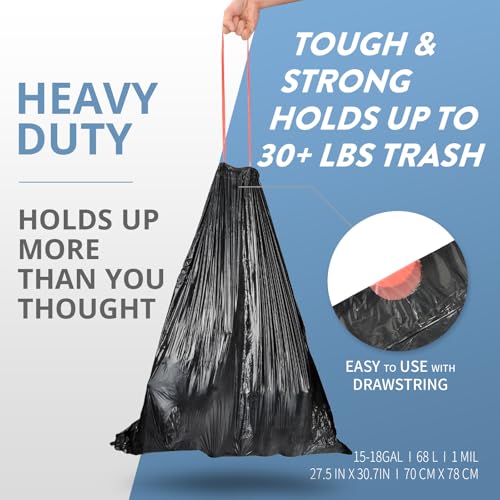 15-18 Gallon Black Trash Bags with Drawstring, 102 Count | Fit 16, 17 Gal High Density Large Garbage Bags, Strong Plastic Trash Can Liners for Kitchen Lawn Commercial - style: 15-18 Gallon (102 Count, Black)