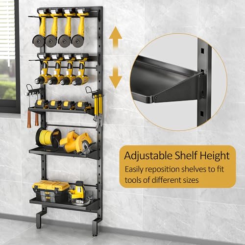 BUKFEN Garage Tool Storage Rack, Wall Mount 5-Tier Heavy Duty Metal Organizer with 8 Drill Holder Slots, Adjustable Shelves, Side Hooks Workshop Utility 1 Pack Black Vertical Space-Saving