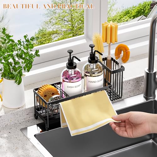 Kitchen Soap Dispenser Set with Sponge Holder and Towel Rack, 17OZ Glass Bottle, Hand and Dish Soap Dispenser Set, Non-Slip Silicone Pad, Brush Holder, Sink Organizer Countertop (Transparent) - color: Transparent