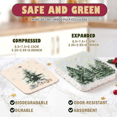 Hahafelt 36 Counts Compressed Cellulose Sponges Bulk Pop up Farmhouse Christmas Pattern Natural Kitchen Compostable Non Scratch Dish Sponges for Washing Dishes, Cleaning Countertop Sink - style: Farmhouse Christmas