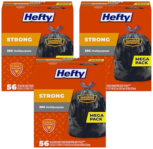 Hefty Strong 30 Gallon Trash_Bags, Large Trash-Bags 30 Gallon Size, Durable Drawstring Enclosure, Resists Punctures, Leaks, and Tears, Black, Unscented, 56 Bags (Pack of 3) - size: 56 Count (Pack of 3)