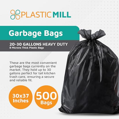 PlasticMill High Density Trash Bags - Black Garbage Bags - Plastic Trash Bags - Laundry, Bathroom, Office Garbage Bags, Trash Can Liners - 20-30 Gallon, 8 Microns, 30"x37" (500-Count) - size: 1 Count (Pack of 500)