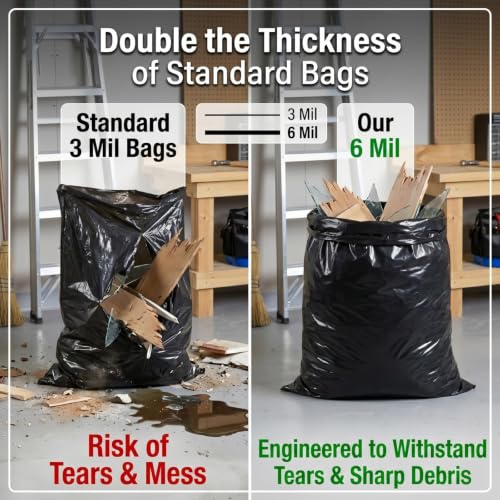 6 Mil Heavy Duty Contractor Trash Bags - 20 Pack Large Clear Construction Garbage Bags for 50/55/60 Gallon (Extra Thick, Tear Resistant) (32" X 52") (Black-6 Mil) - color: Black-6 Mil