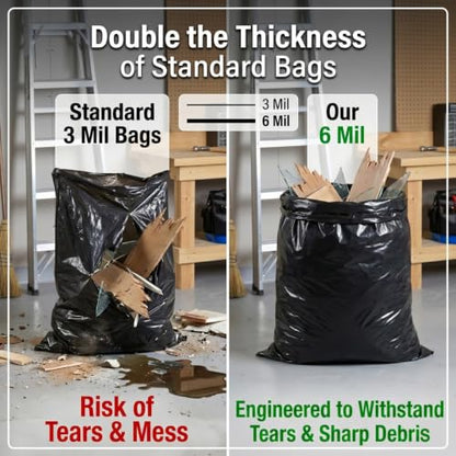 6 Mil Heavy Duty Contractor Trash Bags - 20 Pack Large Clear Construction Garbage Bags for 50/55/60 Gallon (Extra Thick, Tear Resistant) (32" X 52") (Black-6 Mil) - color: Black-6 Mil