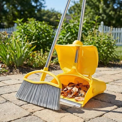Long Handle Heavy Duty Broom and Dustpan Set, Outdoor and Commercial Upright Dustpan and Brush for Restaurant Garage Garden Yard Office, Yellow - color: Yellow