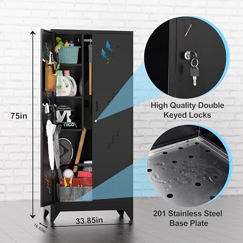 Metal Storage Cabinet, 75" Cleaning Tool Cabinet with Locking Door, Tall Storage Sheds Tool Organizer, Large Broom Cabinet for Bathroom, Laundry Room, Kitchen, Pantry, and Humid Environments - size: 75" Cabinet