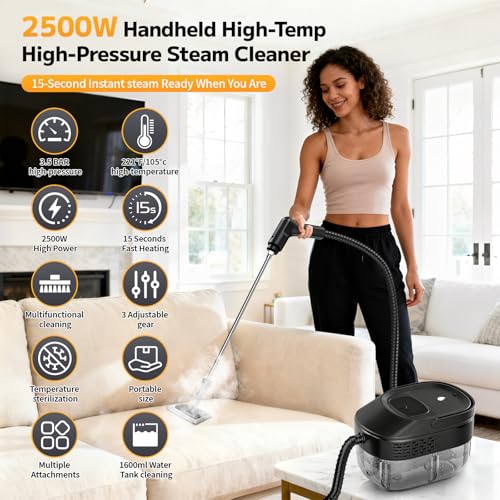 Pressurized Steam Cleaner, 54oz Large Tank, Portable Steamer for Cleaning with 15-Piece Kit, 15s Fast Heat-Up, 3-Level Control, Handheld Steam Cleaner for Home, Car, Kitchen - color: Classic Black