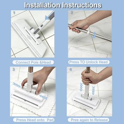 Grope Thing Mop,Hands Free Flat Mop One Click,Hands Free Multi Purpose Flat Mops, Snap Grip Mini Mops,360° Rotation Head,48'' Long Handle,Dry and Wet Use,Suitable for Whole House Cleaning(6 Cloths)