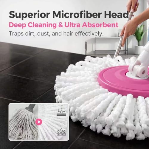 Universal Spin Mop and Bucket Set, 360° Rotating Self-Wringing Floor Cleaner, Microfiber Mop Head, Hands-Free Wringing, Pink