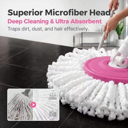 Universal Spin Mop and Bucket Set, 360° Rotating Self-Wringing Floor Cleaner, Microfiber Mop Head, Hands-Free Wringing, Pink