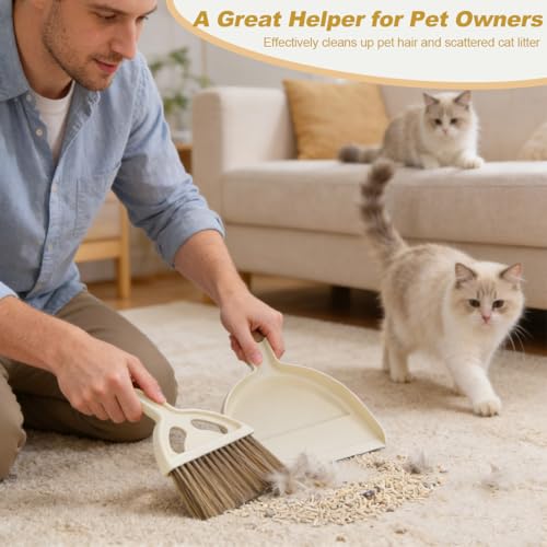 Mini Broom and Dustpan Set - Compact Small Hand Broom with Soft Bristles, Portable Desktop Cleaning Tool for Kitchen Counter, Desk, Drawer, Pet Litter & Car Interior (Off-White) - color: Off-white