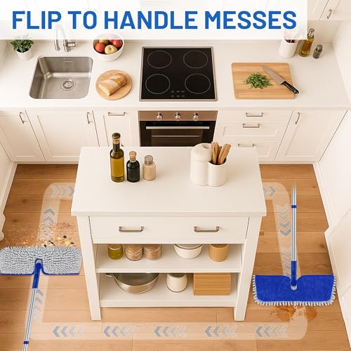 2-Sided Microfiber Dust Mop for Hardwood Floors & Walls | Flat Flip Head, Wet Dry Use, 3 Chenille & Microfiber Pads, 58" Handle, 360° Swivel, Sweep Pet Hair, Tile, Laminate, Kitchen - size: 15" Mop-B