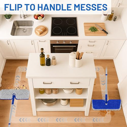 2-Sided Microfiber Dust Mop for Hardwood Floors & Walls | Flat Flip Head, Wet Dry Use, 3 Chenille & Microfiber Pads, 58" Handle, 360° Swivel, Sweep Pet Hair, Tile, Laminate, Kitchen - size: 15" Mop-B