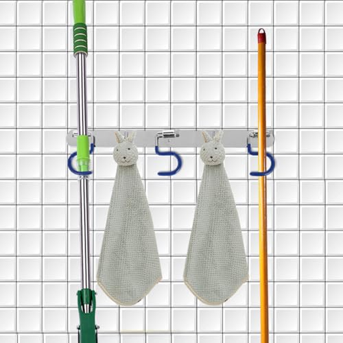 Cabilock Stainless Steel Mop Hook Rack, Metal S-Type Mop Holder Space-Saving Broom Wall-Mounted Organizer for Home Bathroom Room Entrance