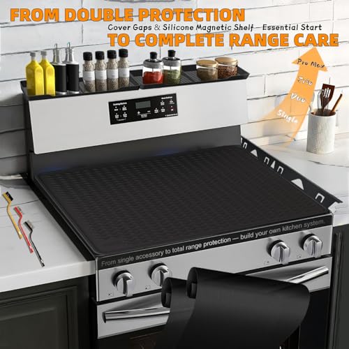Stainless Steel Stove Gap Covers Set with Magnetic Stove Shelf,Brushes | 2-in-1 kitchen solution with adjustable gap covers and magnetic stove shelf,Brushes for organization & cleaner cooking space - color: Black