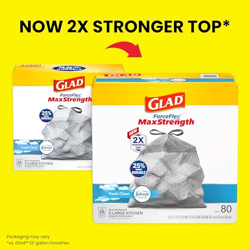 Glad ForceFlex MaxStrength Kitchen Trash Bags, 20 Gal, Fresh Clean Febreze, 80 Ct (Package May Vary) (Pack of 3) - size: 80 Count (Pack of 3)
