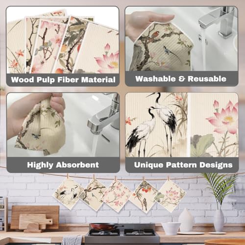 5 Pcs Watercolor Red-Crowned Crane Swedish Dishcloths, Traditional Themed Swedish Dishcloth, Artistic Dish Cloths for Drying Dishes, Reusable Cleaning Cloths, Housewarming Gifts for Women - color: Lm 04252