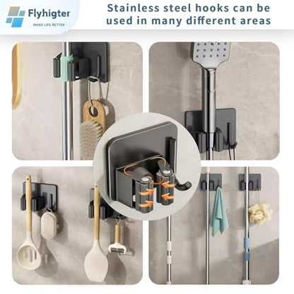 8 Pack Stainless Steel Mop Clips – Heavy Duty Wall Mounted Broom Holders, Rustproof & Tool-Free Install with Back Adhesive or Glue for Home and Garage - color: BLACK-8PCS