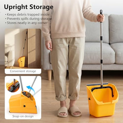 Jumbo Commercial Dustpan with Wheels & Comb Teeth - Heavy Duty 14.2" Rolling Debris Pan - Long Handle Extra Large Upright Dust Pan for Industrial Warehouse Garage Restaurant Sidewalk Outdoor - Yellow - color: Yellow