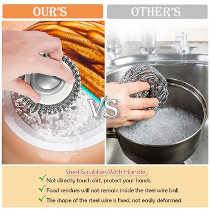 2Pcs Stainless Steel Scrubber with Handle, Steel Wool Scrubber Tool for Cleaning Dishes, Scrubbing Scouring Brush Pad for Kitchen Pots, Pans, Sink