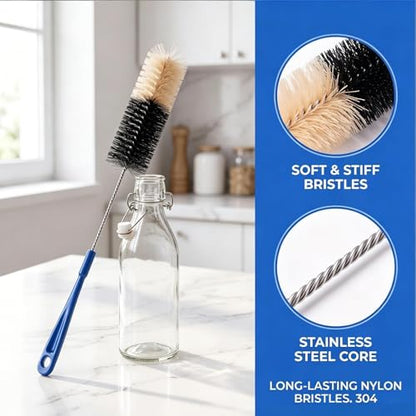 2 Pack 17 Inch Long Handle Bottle Brush, Narrow Neck Bottle Cleaner Brush with 2 Inch & 1.3 Inch Soft Nylon Bristles, for Water Bottles, Soda Bottles, Home Brewing, Kombucha, Spice Jars