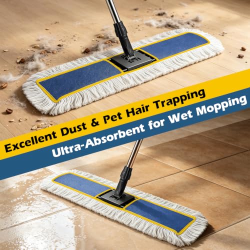MASTERTOP 40" Commercial Dust Mop for Floor Cleaning, Heavy Duty Flat Mop | Industrial 64" Long Handle Push Broom with 2 Cotton Pads for Hardwood, Tile, Laminate, Concrete, Warehouse & Gym Cleaning - color: Blue(40"*8.3")