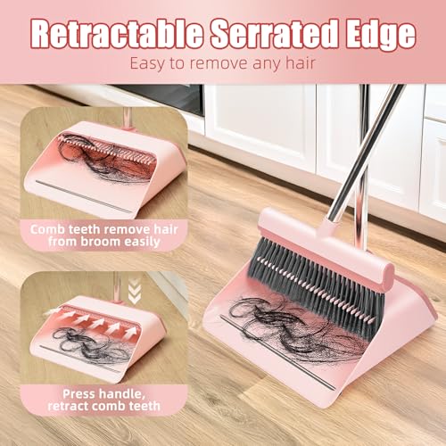 Broom and Dustpan Set, Heavy Duty Stand Up Dust Pan and Broom with 47'' Long Handle, Broom with Dustpan Combo Set for Home Floor Room Kitchen Office Lobby Indoor Outdoor Sweeping Broom Cleaning