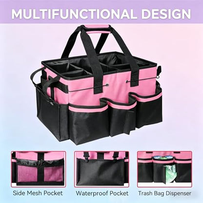 Wearable Cleaning Caddy Organizer with Handle & Adjustable Shoulder Strap 4 Foldable Compartments, Cleaning Supplies Caddy for Housekeepers, Car, Home, Hotel & Outdoor Cleaning Bag（Pink）