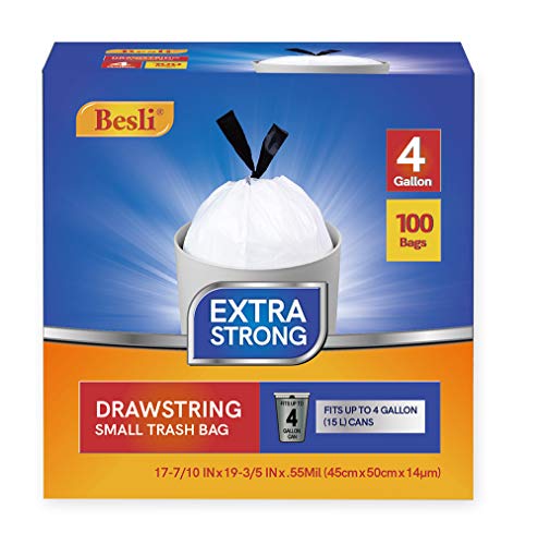 Besli 4 Gallon Drawstring Trash Bag Small Garbage Bag,100 Counts (White, 4 Gallon) - style: 4 Gallon