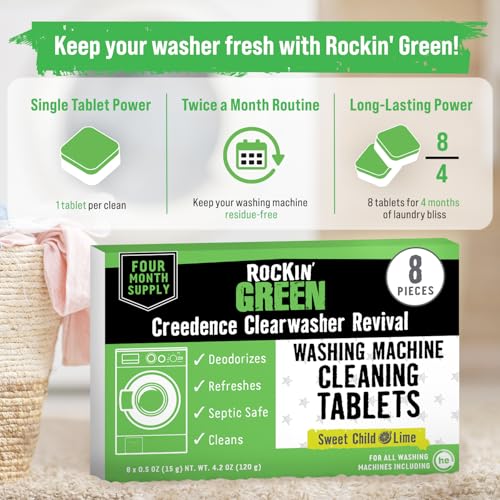 Rockin' Green Deep Cleaning and Deodorizing Tablets for Dishwashers, Washing Machines, and Garbage Disposals, Removes Odor and Residue (Washing Machine Cleaning Tablets, 8 Pack) - size: 1 Count (Pack of 8), style: Washing Machine Cleaning Tablets