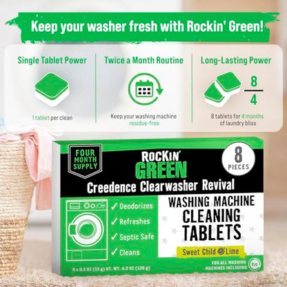 Rockin' Green Deep Cleaning and Deodorizing Tablets for Dishwashers, Washing Machines, and Garbage Disposals, Removes Odor and Residue (Washing Machine Cleaning Tablets, 8 Pack) - size: 1 Count (Pack of 8), style: Washing Machine Cleaning Tablets