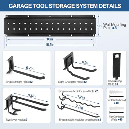 49.5'' Garage Tool Organizer Wall Mount Load 520Lbs with Heavy Duty 14Hooks | 520lbs Heavy Duty Garden Tool Organizer, Garage Wall Organizer for Garden Tool Yard Tool Shovel Rake Broom Ladder - size: 49.5''-17Pack