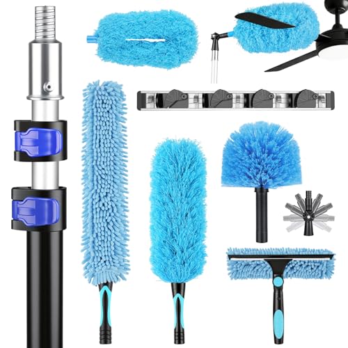 20ft High Reach Extendable Duster Kit with 5-12ft Extension Pole - Ceiling Fan Blade Cleaner, Spider Web Brush Cobweb Remover, Window Squeegee Kit with Telescoping Wand, Extended Extra Long Handle - size: 12FT POLE (Reach 20FT High)