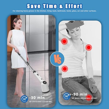 Electric Spin Scrubber, Cordless Cleaning Brush, Shower Scrubber with 9 Replaceable Brush Heads, 52 Inch Detachable Long Handle Power Scrubber 3 Adjustable Speeds Bathroom Floor Tile Window Kitchen