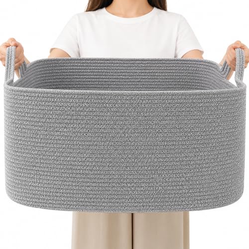 Large Blanket Basket,Woven Rope Basket Storage Bin with Handles,65L Rectangle Laundry Basket for Magazines,Toys,Clothes,Newspaper Shelf Organization,Nursery and Living Room,Grey - color: Grey, size: 21"x16"x12"(65L)