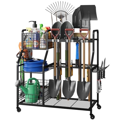 keomaisyto Garden Tool Organizer with Heavy Duty Wheels for Garage - with 2 Baskets, Large Yard Tool Organizer and Storage Holder, Utility Garden Tool Rack for/Shed/Garage/Yard/Basement/Lawn - size: Extra Extra Large-with Industrial Wheels