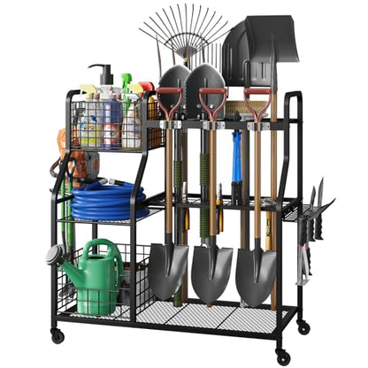 keomaisyto Garden Tool Organizer with Heavy Duty Wheels for Garage - with 2 Baskets, Large Yard Tool Organizer and Storage Holder, Utility Garden Tool Rack for/Shed/Garage/Yard/Basement/Lawn - size: Extra Extra Large-with Industrial Wheels