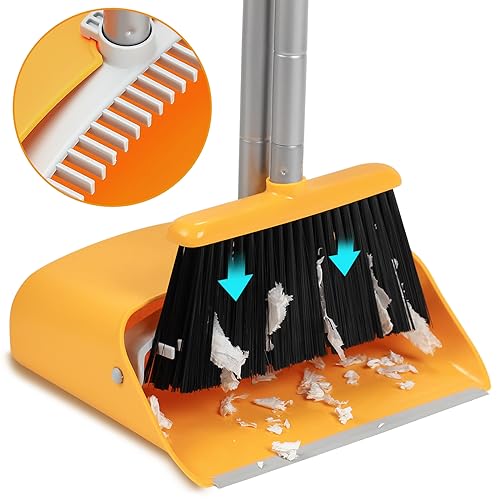Broom and Dustpan Set with Long Handle 52", Standing Broom and Dust Pan Set for Home Kitchen Room Office Lobby Yellow - color: Yellow
