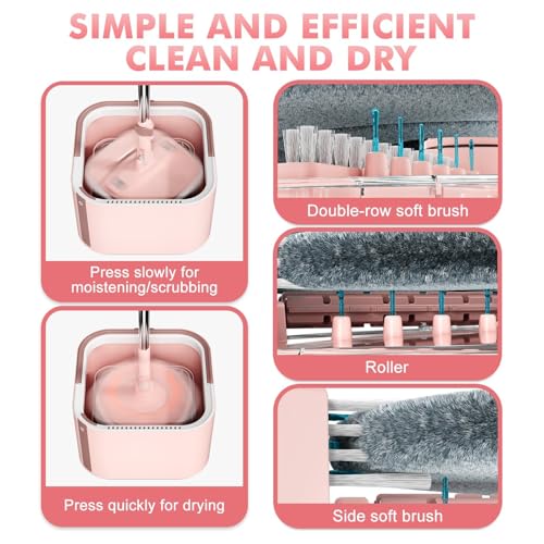 Spin Mop and Bucket System Kit, Self-Separating Cleaning Soil, Foldable Square Mop Bucket Head with Washable Interchangeable Mop Pads, Pink (Mop Set with 6PC Pads) - size: 2.0 Mop and Bucket Set (6 pads)