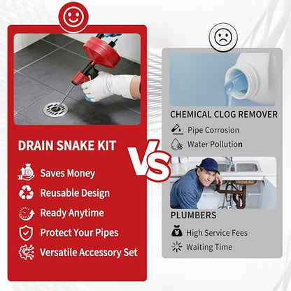 Drain Snake 35 Ft with Drill Attachment, Auto Feed 1/4 Inch Plumbing Snake for Sink, Shower & Tub Clogs, Manual or Drill-Powered Drain Auger, with Gloves, Safety Glasses & Storage Bag - color: 35FT