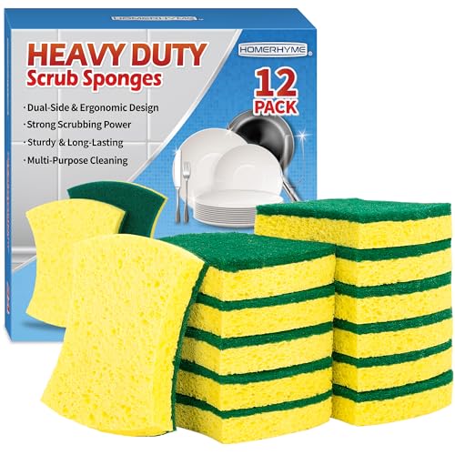 Heavy Duty Sponges, 12 Pack Cellulose Scrub Sponge, Dual-Sided Kitchen Sponge, Multipurpose Sturdy Ergonomic Design for Kitchen Dishwashing, Uncoated Cookware, Sink, and Countertops - color: Green/Yellow, size: 12 Pack