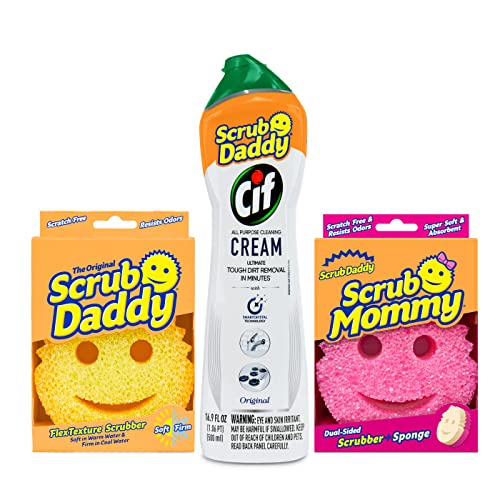 Scrub Daddy Sponges + Scrub Mommy + Cif All Purpose Cleaner, Original - Non Scratch Sponges for Kitchen + Bathroom - Scrubber and Multipurpose Cleaner Cream - Cleaning Supplies Kit