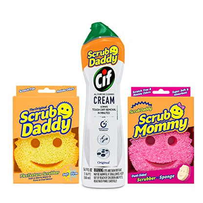 Scrub Daddy Sponges + Scrub Mommy + Cif All Purpose Cleaner, Original - Non Scratch Sponges for Kitchen + Bathroom - Scrubber and Multipurpose Cleaner Cream - Cleaning Supplies Kit
