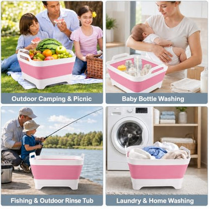 2.4 Gal(9L) Collapsible Dish Basin with Drain Plug, Space Saving Outdoor Multiuse Foldable Sink Tub, Dishpan, Kitchen Storage Tray for Camping, Vegetable Washing, RV (Pink) - color: Pink